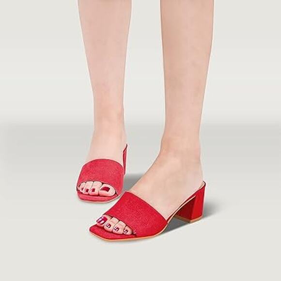 Pizz Annu Womens Size 6 Red Faux Suede Open Toe Slide On 2.5" Block Heel Shoes - Picture 3 of 6